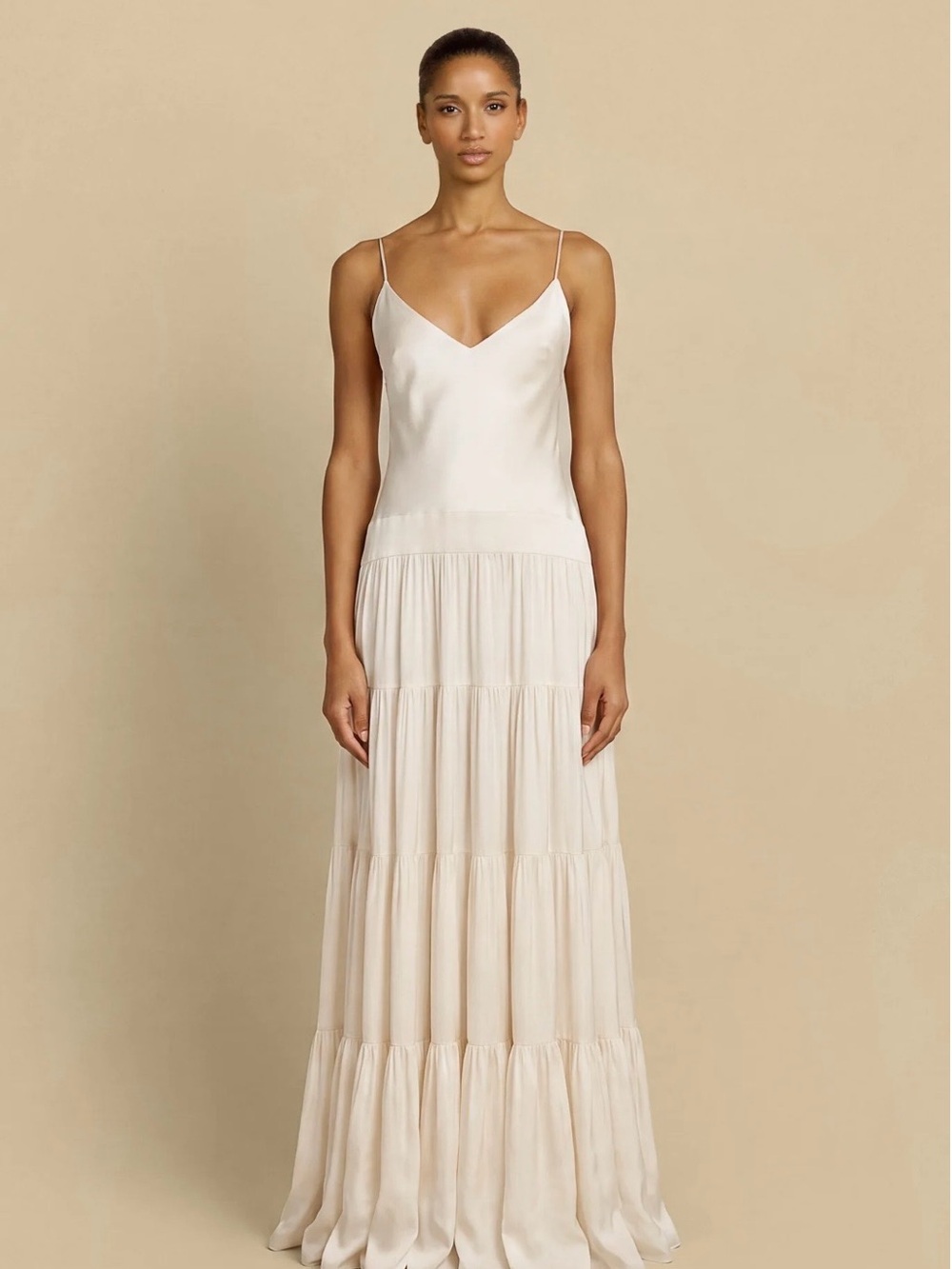 Cream Tiered Slip Maxi Dress with Spaghetti Straps
